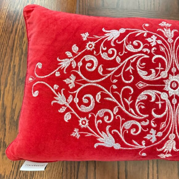 Storehouse Red Velvet Pillow Down Feather Fill Lumbar Silver Embroidered Holiday - Picture 5 of 9